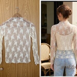 Sheer Lace Mock Neck Top - Ivory